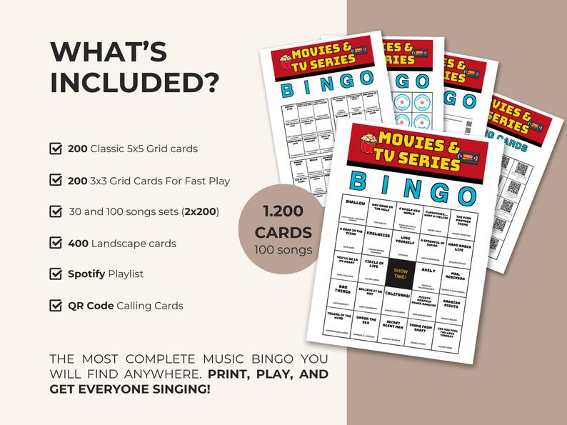 May include: A set of printable Movies & TV Series Bingo cards featuring a 5x5 grid with song titles, a red header with popcorn and film reel icons, and a list of included items like 200 classic cards, 200 fast play cards, and QR code calling cards.