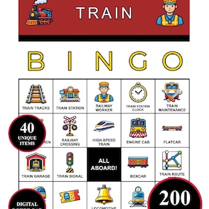 May include: A colorful train-themed bingo game with illustrations of trains, tracks, and railway workers. The game includes 40 unique items and 200 cards. The word "TRAIN" is displayed at the top, and the phrase "ALL ABOARD!" is in the center.