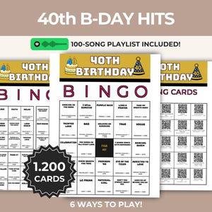 Bingo musicale per il 40° compleanno, stampabile con 1200 cartelle e 100 canzoni, formato 5x5, 3x3, codice QR, Spotify, download immediato in PDF, festa per traguardi importanti, divertimento retrò.