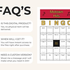 May include: A digital Motown Hits Bingo game with a red banner and musical notes. The game includes a grid of song titles and the word "BINGO" in yellow. The image also includes FAQ's about the product.