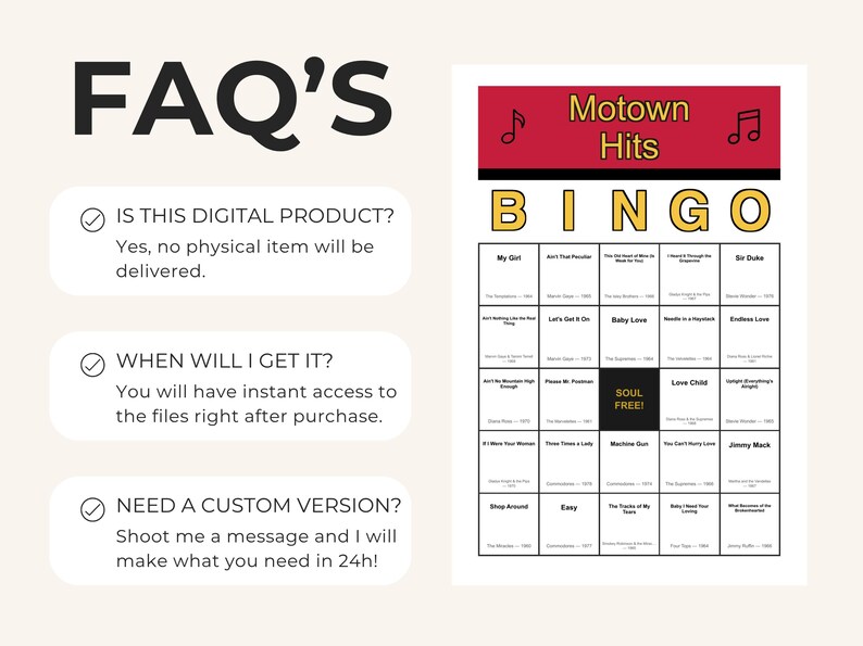 May include: A digital Motown Hits Bingo game with a red banner and musical notes. The game includes a grid of song titles and the word "BINGO" in yellow. The image also includes FAQ's about the product.