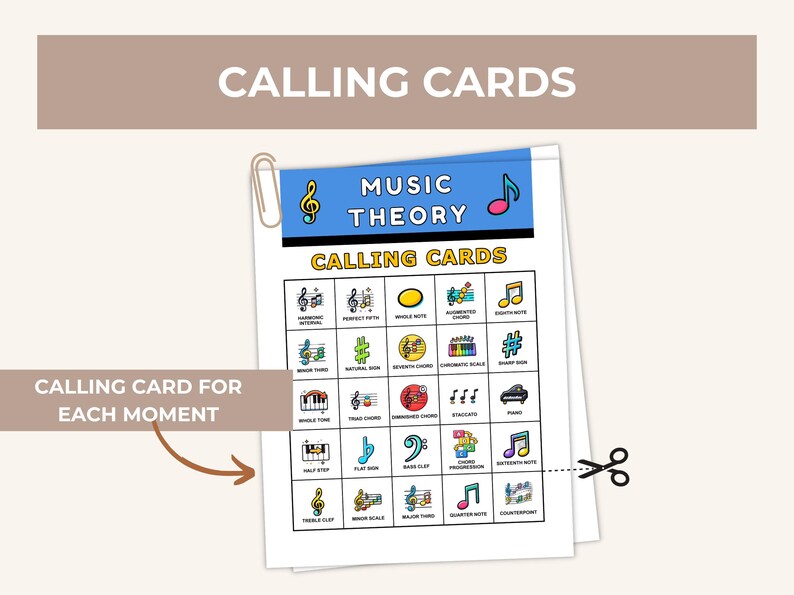 May include: A stack of music theory calling cards with a blue header that reads "Music Theory" and "Calling Cards". The cards feature various musical symbols and terms, including notes, chords, and clefs. A paperclip holds the cards together.