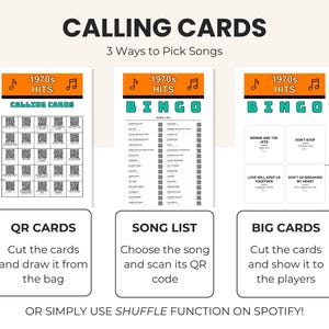 Puede incluir: Tres hojas de juego imprimibles tituladas 1970s HITS con encabezados naranjas e iconos de notas musicales. Las hojas incluyen c&oacute;digos QR, una lista de canciones y tarjetas grandes para BINGO. El texto incluye CALLING CARDS, 3 Ways to Pick Songs y OR SIMPLY USE SHUFFLE FUNCTION ON SPOTIFY!