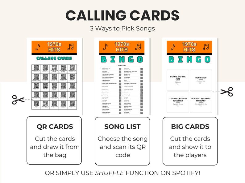 Puede incluir: Tres hojas de juego imprimibles tituladas 1970s HITS con encabezados naranjas e iconos de notas musicales. Las hojas incluyen c&oacute;digos QR, una lista de canciones y tarjetas grandes para BINGO. El texto incluye CALLING CARDS, 3 Ways to Pick Songs y OR SIMPLY USE SHUFFLE FUNCTION ON SPOTIFY!