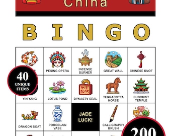 Altes China Bingo Spiel - 200 druckbare Karten mit 40 historischen Momenten | Lernen für Klassenzimmer, Hausschule, Familienspaß & Weltstudie