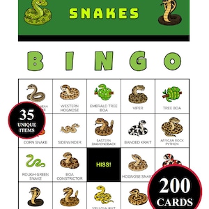 Snakes Bingo Printable 200 Cards, Reptile Party Game, Instant Download PDF, Serpent Wildlife Activity, Print At Home Cards