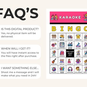 Może przedstawiać: Cyfrowa gra w bingo karaoke z r&oacute;żowym nagł&oacute;wkiem z napisem "KARAOKE" i siatką obraz&oacute;w o tematyce karaoke. Tekst "FAQ'S" znajduje się na g&oacute;rze, z odpowiedziami na najczęściej zadawane pytania. Karta bingo zawiera obrazy mikrofonu, gitary i kuli dyskotekowej.
