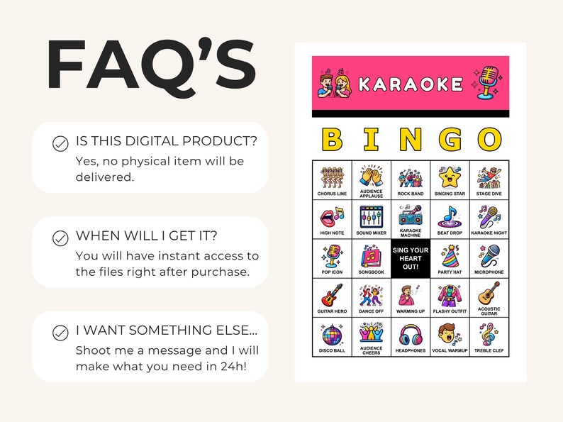 Może przedstawiać: Cyfrowa gra w bingo karaoke z r&oacute;żowym nagł&oacute;wkiem z napisem "KARAOKE" i siatką obraz&oacute;w o tematyce karaoke. Tekst "FAQ'S" znajduje się na g&oacute;rze, z odpowiedziami na najczęściej zadawane pytania. Karta bingo zawiera obrazy mikrofonu, gitary i kuli dyskotekowej.