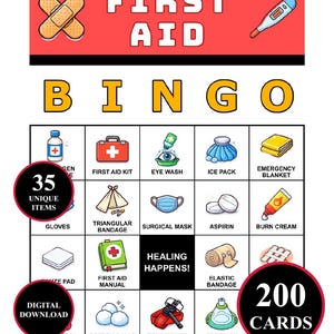 Puede incluir: Una tarjeta de juego de Bingo de primeros auxilios con un encabezado rojo con el texto FIRST AID, ilustraciones de vendajes y un termómetro, y una cuadrícula de iconos médicos que incluye un botiquín, una mascarilla y 35 artículos únicos.