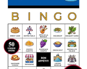 Frankreich Bingo Spiel - 200 Karten zum Ausdrucken mit 50 Iconic Moments | Französische Kultur Gesellschaftsspiel für Reisegruppen, Klassenzimmer,bastille Tag