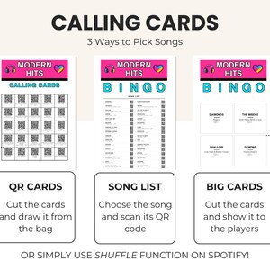 May include: Three printable sheets titled CALLING CARDS and MODERN HITS BINGO featuring song lists, QR codes, and game instructions. The design includes pink and blue accents with headphone and heart icons, providing three ways to pick songs.