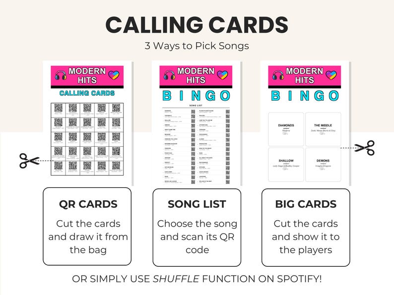 May include: Three printable sheets titled CALLING CARDS and MODERN HITS BINGO featuring song lists, QR codes, and game instructions. The design includes pink and blue accents with headphone and heart icons, providing three ways to pick songs.