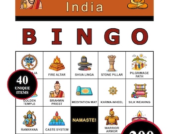Altes Indien Bingo Spiel - 200 druckbare Karten mit 40 historischen Momenten | Antikes Geschichtslernen für Klassenzimmer, Homeschool, Familienspaß