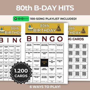 Può includere: Un set di cartelle per il bingo dell'80° compleanno con intestazione dorata, icona di torta e cappellino da festa, il testo 80th BIRTHDAY e una griglia 5x5 di titoli di canzoni e artisti. Include icona playlist e badge 1.200 CARDS.