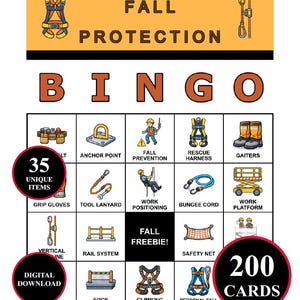 Puede incluir: Una tarjeta de juego de Bingo de protección contra caídas con una cuadrícula de ilustraciones de equipos de seguridad que incluyen un arnés de rescate, punto de anclaje, eslinga de herramientas y plataforma de trabajo. El título dice Fall Protection Bingo.