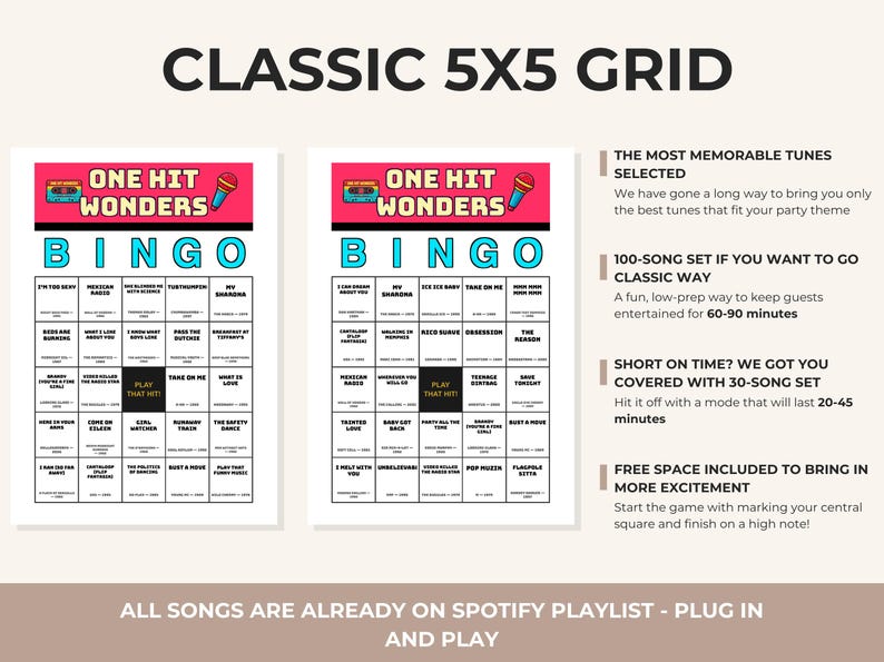 Puede incluir: Dos tarjetas de bingo con el texto "ONE HIT WONDERS BINGO" en un dise&ntilde;o retro. Las tarjetas est&aacute;n sobre un fondo blanco con un encabezado rosa y azul. El texto "CLASSIC 5X5 GRID" est&aacute; en la parte superior.