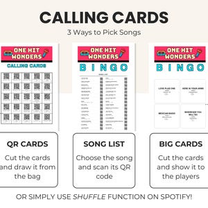 Puede incluir: Un juego de cartas con el texto "CALLING CARDS" y "ONE HIT WONDERS". El juego incluye tarjetas QR, una lista de canciones y tarjetas grandes. Se proporcionan instrucciones para cada tipo de tarjeta, con una opci&oacute;n para usar Spotify.