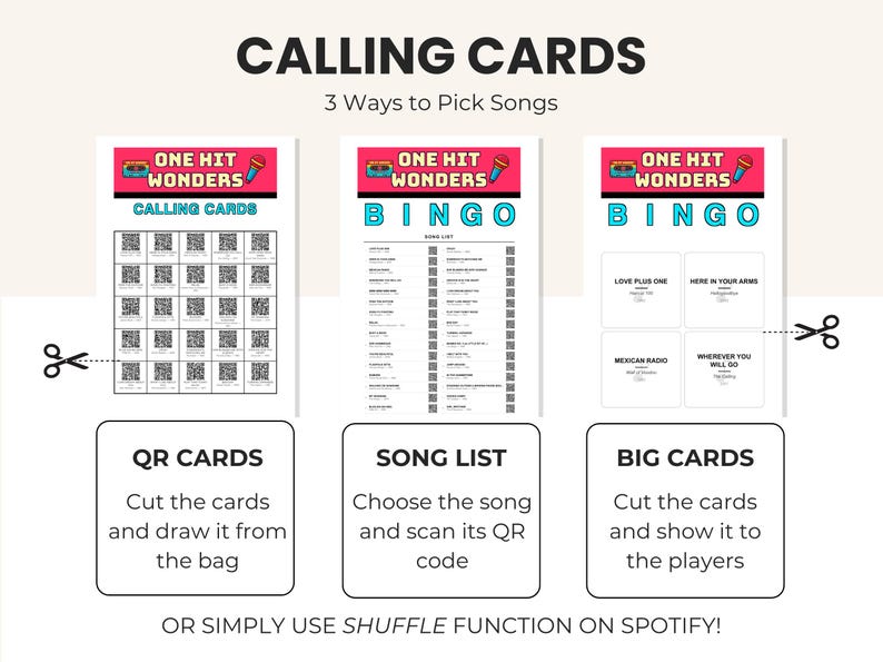 Puede incluir: Un juego de cartas con el texto "CALLING CARDS" y "ONE HIT WONDERS". El juego incluye tarjetas QR, una lista de canciones y tarjetas grandes. Se proporcionan instrucciones para cada tipo de tarjeta, con una opci&oacute;n para usar Spotify.