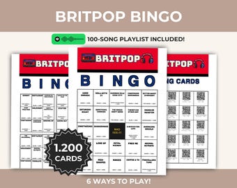 Cartelle di gioco stampabili per il Bingo della musica Britpop, playlist britannica, divertente attività di canto collettivo, download immediato, PDF digitale, codici QR, karaoke