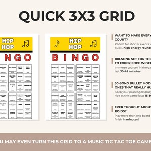 May include: Two Hip Hop Bingo game cards with a yellow header, black musical notes, and red BINGO lettering. Each card features a 5x5 grid of song titles and artist names. Text on the right side describes game modes and duration options.