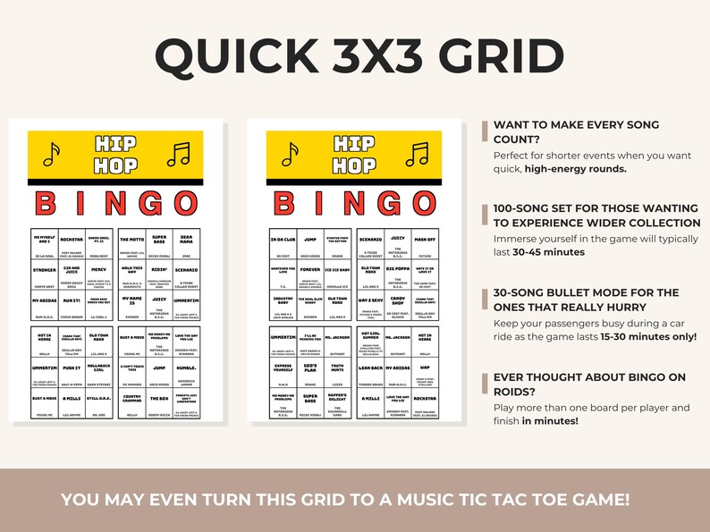 May include: Two Hip Hop Bingo game cards with a yellow header, black musical notes, and red BINGO lettering. Each card features a 5x5 grid of song titles and artist names. Text on the right side describes game modes and duration options.