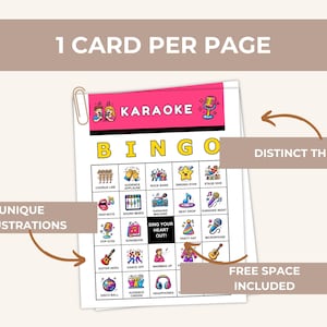 Może przedstawiać: Karta do gry w karaoke Bingo z r&oacute;żowym nagł&oacute;wkiem i unikalnymi ilustracjami. Karta zawiera siatkę ikon o tematyce karaoke i tekst "SING YOUR HEART OUT!". Projekt zawiera tekst "1 CARD PER PAGE".