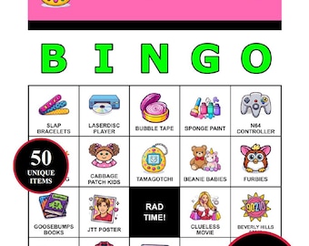 Gioco del Bingo anni '90 - 200 cartelle stampabili con 50 momenti iconici / Gioco di società "Come se" per reunion del 2000, serate grunge, feste del nuovo millennio
