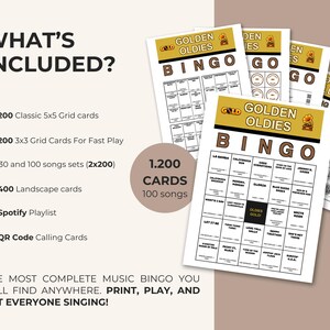May include: A Golden Oldies music bingo game set featuring multiple white cards with gold headers, brown text, and 5x5 grids. The text includes 'WHAT'S INCLUDED?', '1.200 CARDS', '100 songs', and 'THE MOST COMPLETE MUSIC BINGO YOU WILL FIND ANYWHERE. PRINT, PLAY, AND GET EVERYONE SINGING!'