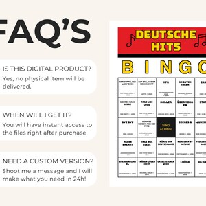 May include: A digital bingo game titled "DEUTSCHE HITS BINGO" in red and yellow. The game board displays a grid of German song titles. The image also includes FAQ's about the digital product.