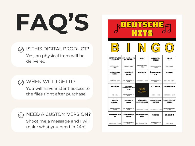 May include: A digital bingo game titled "DEUTSCHE HITS BINGO" in red and yellow. The game board displays a grid of German song titles. The image also includes FAQ's about the digital product.