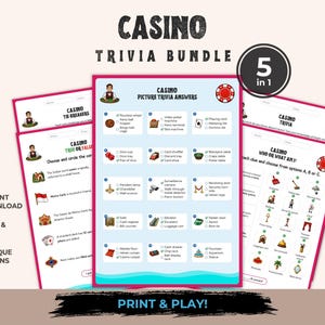 Könnte beinhalten: Ein Casino-Quiz-Paket mit fünf druckbaren Spielbögen mit weißem Hintergrund, rosa Rändern und roten Pokerchip-Grafiken. Die Bögen enthalten Texte wie Casino Trivia, Casino Picture Trivia Answers und Casino Tie-Breakers.