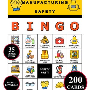 Peut inclure: Une carte de jeu Bingo sur la sécurité au travail avec un en-tête jaune illustré de gants et d'un tablier. La grille présente diverses icônes liées à la sécurité comme une trousse de secours, un gilet réfléchissant et un extincteur. 35 articles uniques.