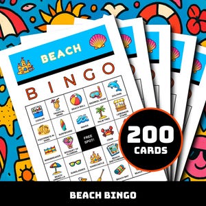 May include: A set of Beach Bingo cards with a blue background adorned with beach-themed illustrations. The cards display a grid layout with images such as a cooler, surfboard, and sunglasses. The text "Beach Bingo" is at the top, and a circle reads "200 Cards".