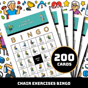 May include: A set of Chair Exercises Bingo cards featuring a teal header with the text Chair Exercises and a grid of illustrations showing various seated physical movements. A black circular badge displays the white text 200 CARDS.
