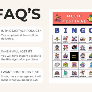 Peut inclure: Un jeu de bingo num&eacute;rique sur le th&egrave;me du festival de musique avec des illustrations color&eacute;es d'objets li&eacute;s au festival. L'image comprend le texte "FAQ'S" et des r&eacute;ponses aux questions courantes.