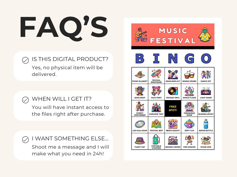 Peut inclure: Un jeu de bingo num&eacute;rique sur le th&egrave;me du festival de musique avec des illustrations color&eacute;es d'objets li&eacute;s au festival. L'image comprend le texte "FAQ'S" et des r&eacute;ponses aux questions courantes.
