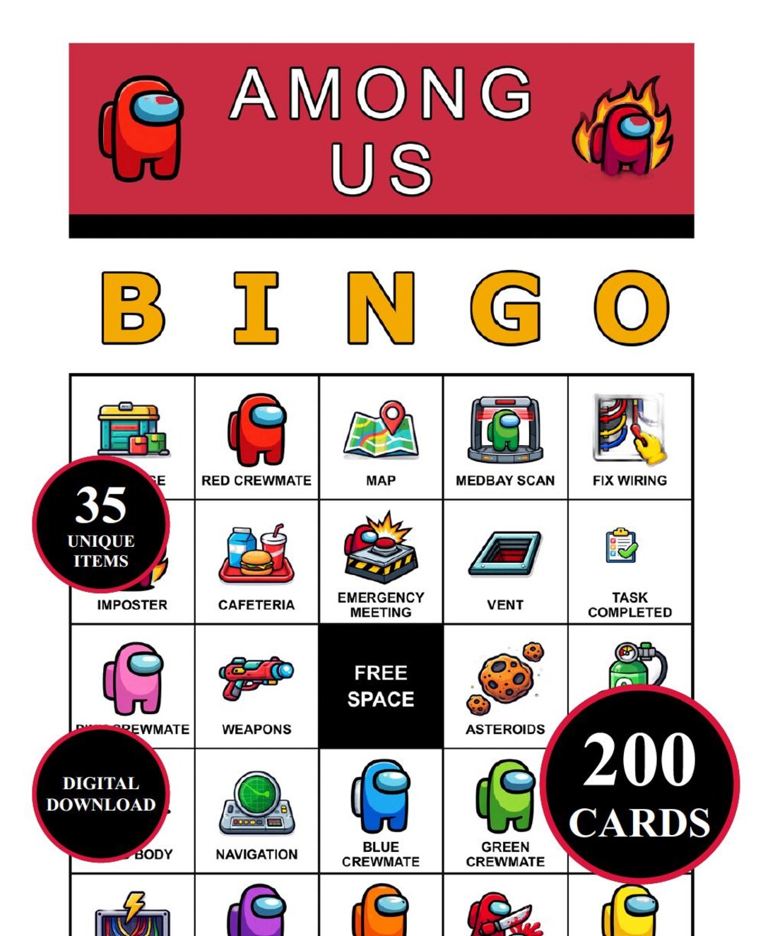 Among Us Bingo Game – 200 Printable Cards With 50 Iconic Moments ...