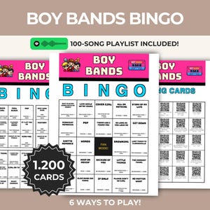 Boy Bands Music Bingo Printable 1200 Cards 100 Songs 5x5 3x3 QR Calling Spotify Instant Download PDF Party Game Nostalgia Fun Retro Pop