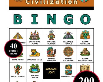 Maya Zivilisations-Bingospiel - 200 druckbare Karten mit 40 historischen Momenten | Lernspiel für Klassenzimmer, Homeschool, Family Fun