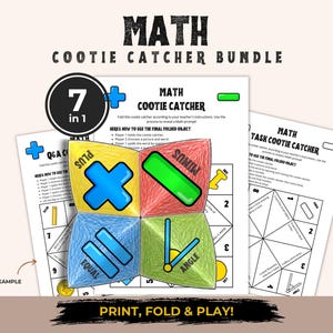 May include: A math cootie catcher bundle featuring a 7-in-1 set of printable activity sheets. The central folded paper toy displays colorful sections with math symbols and terms including plus, minus, equal, and angle, alongside instruction pages.