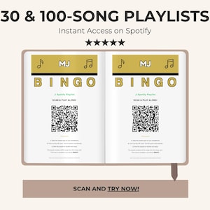 May include: An open book displaying two identical pages titled 30 & 100-SONG PLAYLISTS with MJ BINGO in gold and black. Each page features a QR code for Spotify, musical note icons, and instructions to scan and play along. A banner below reads SCAN AND TRY NOW.
