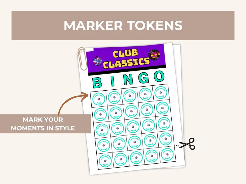 May include: A printable sheet of circular marker tokens for a Club Classics Bingo game. The sheet features a purple header with the text Club Classics, a disco ball, and a vinyl record icon. Each token has a teal border and a small record graphic.