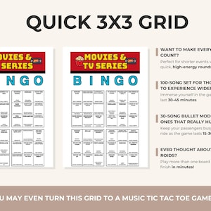 May include: Two white bingo cards titled MOVIES & TV SERIES BINGO with a red header and popcorn graphic. The cards feature a 3x3 grid of song titles. Text on the right explains game modes for quick, 100-song, and 30-song bullet versions.