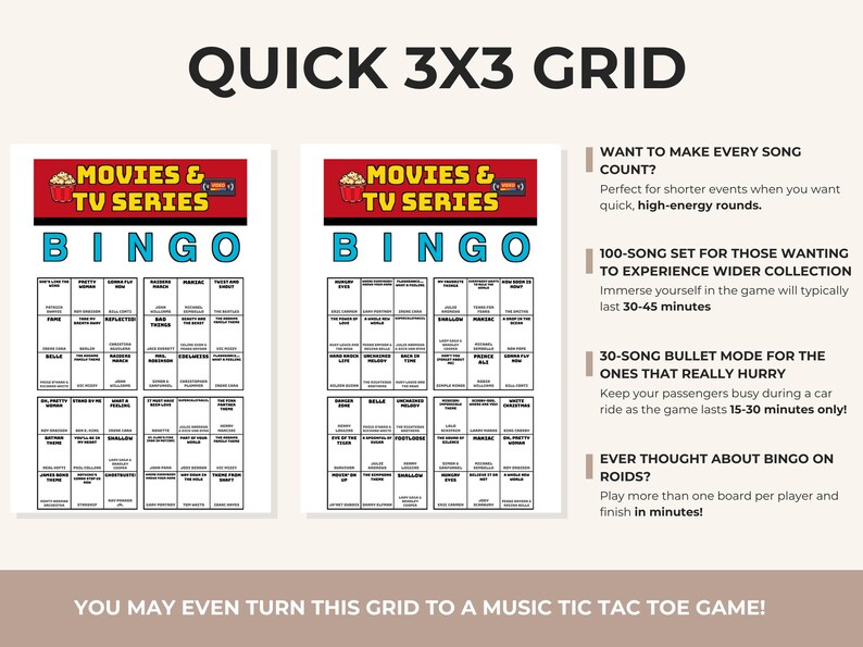 May include: Two white bingo cards titled MOVIES & TV SERIES BINGO with a red header and popcorn graphic. The cards feature a 3x3 grid of song titles. Text on the right explains game modes for quick, 100-song, and 30-song bullet versions.