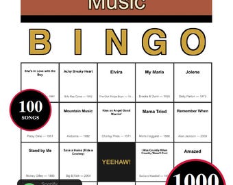 Country Music Bingo Cards Printable, 1,200 Cards, 100 Songs, 5x5 and 3x3 Game, QR Calling Cards, Spotify Playlist, Instant Download Pdf