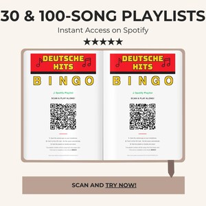 May include: An open book design with the text "30 & 100-SONG PLAYLISTS" and "Instant Access on Spotify." Each page features a "DEUTSCHE HITS BINGO" design with a QR code and instructions. The bottom reads "SCAN AND TRY NOW!"