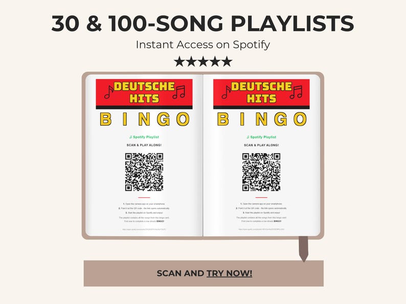 May include: An open book design with the text "30 & 100-SONG PLAYLISTS" and "Instant Access on Spotify." Each page features a "DEUTSCHE HITS BINGO" design with a QR code and instructions. The bottom reads "SCAN AND TRY NOW!"