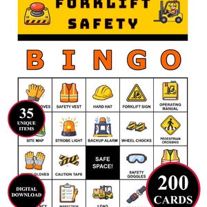 May include: A Forklift Safety Bingo game sheet featuring a yellow header with the text Forklift Safety, a forklift icon, and a red button. The grid contains various safety equipment icons like gloves, vests, hard hats, and signs, with 35 unique items.
