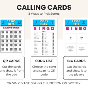 Pu&ograve; includere: Un set di carte a tema "Successi degli anni '90", tra cui carte QR, una lista di canzoni e carte "Bingo". Le istruzioni sono fornite per ogni tipo di carta, con le forbici che indicano dove tagliare. Il testo recita "Calling Cards" e "3 modi per scegliere le canzoni".