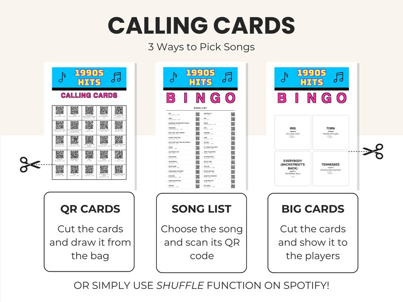 Pu&ograve; includere: Un set di carte a tema "Successi degli anni '90", tra cui carte QR, una lista di canzoni e carte "Bingo". Le istruzioni sono fornite per ogni tipo di carta, con le forbici che indicano dove tagliare. Il testo recita "Calling Cards" e "3 modi per scegliere le canzoni".